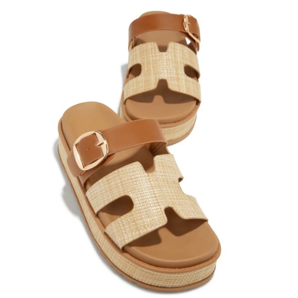 Beige Raffia Slip On Chunky Platform Sandals - Picture 3 of 7